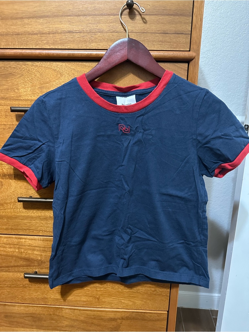 Reformation Navy Short Sleeve Ringer Tee with Red Trim
